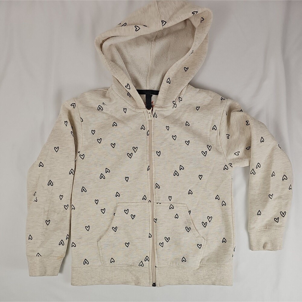 Cat & Jack Girls 6/7 Cream Heart Print Zip Hoodie Long Sleeve Youth